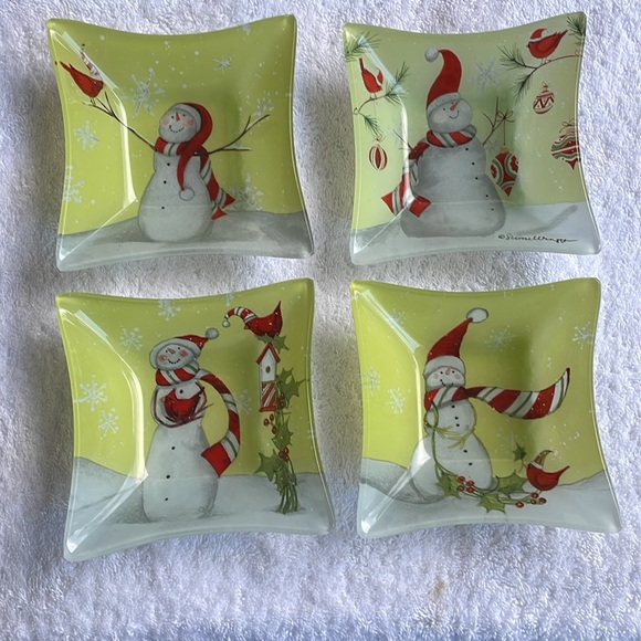 Susan Winget Square 5 set Glass Bowl JOY Candy Cane Snowman Cardinal Candy Salad - Picture 4 of 9